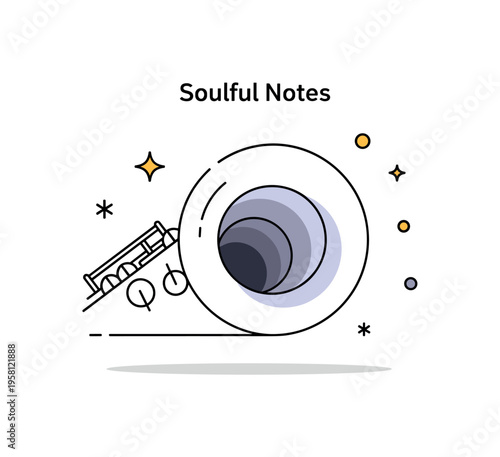 Saxophone bell close up with clean circular opening and soft reflective gradients suggesting depth. A compact ?Soulful Notes? caption reinforces jazz