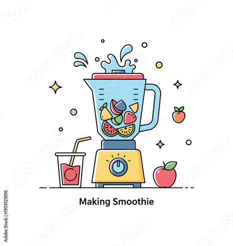 Making a smoothie kitchen preparation concept centered on a blender filled with colorful fruit pieces, with small splash accents suggesting fresh mixing in