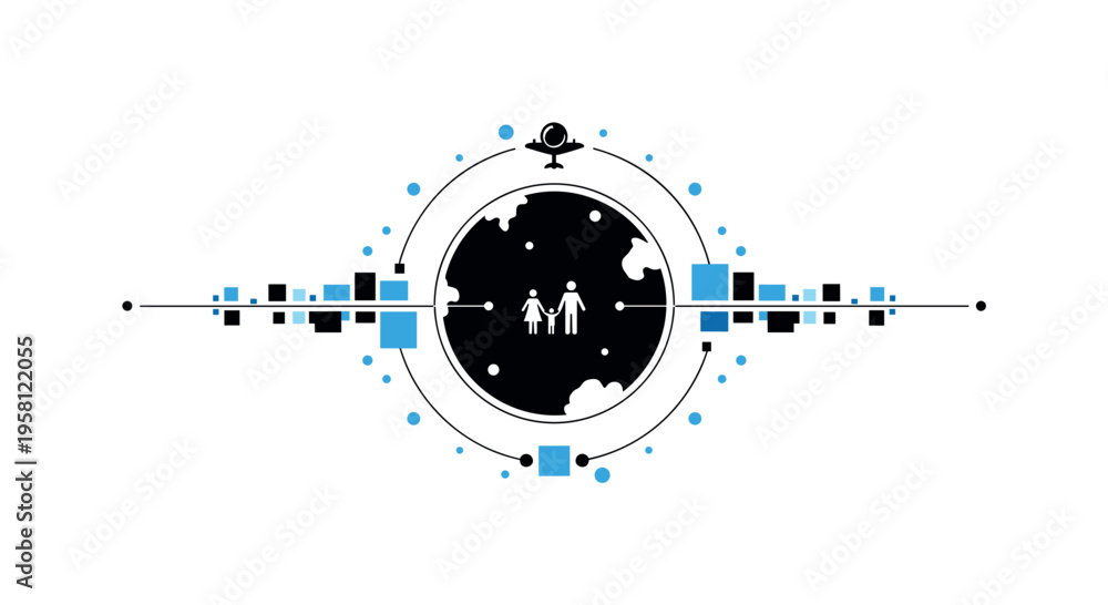 Obraz premium Centered silhouette-style planet with small orbiting spacecraft icon framed by a thin circular outline, surrounded by small blue dots and flat geometric blocks