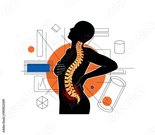 black and white human spine highlighted inside a bending silhouette holding the lower back in pain, bold orange circle behind the spine symbolizing discomfort