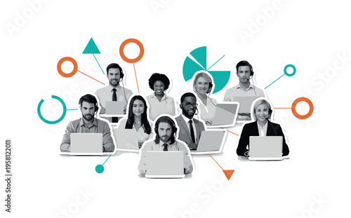 monochrome group of office workers connected by headsets and laptops, white cut-out outline around figures, geometric circles and linking lines representing