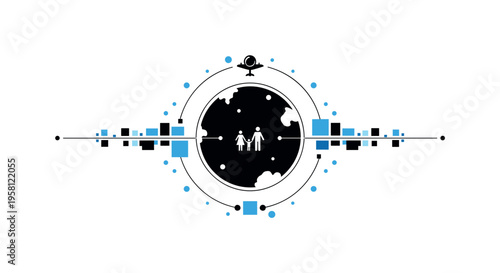 Centered silhouette-style planet with small orbiting spacecraft icon framed by a thin circular outline, surrounded by small blue dots and flat geometric blocks