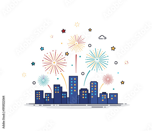 National holiday celebration showing vibrant fireworks exploding above silhouetted buildings, tiny floating stars and dots enhancing festive energy, joy, and
