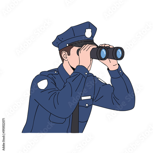 Male officer in uniform peers through binoculars