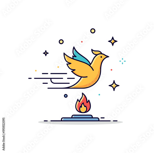 Phoenix rebirth symbol centered on a stylized bird rising from a small flame with curved motion lines suggesting renewal and transformation. The illustration