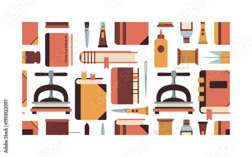 handmade book binding seamless pattern, stitched books, thread spools, binding needles, glue, presses and covers arranged in a repeating pattern, white