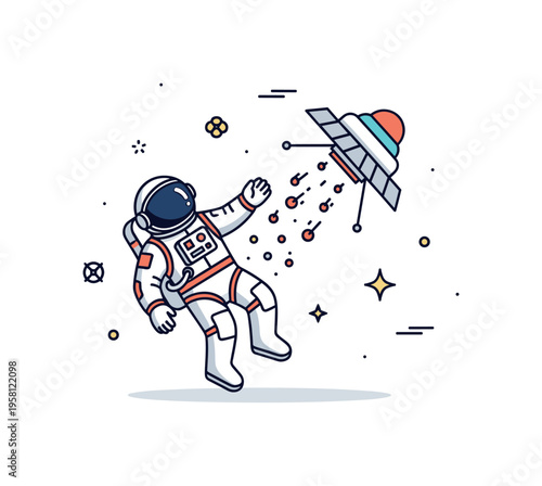 Cosmic radiation exposure an astronaut floating near a spacecraft while small energetic particles travel through space toward the suit, creating a visual