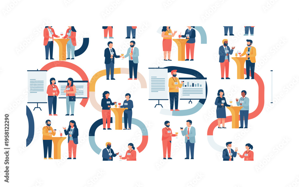 Fototapeta premium professional networking reception seamless pattern, groups of business people talking with drinks name badges and presentation banners arranged in a repeating