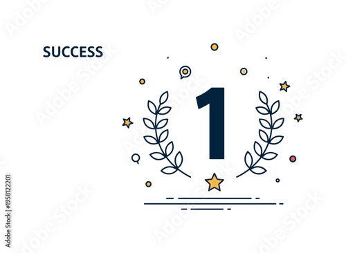 Success milestone celebration showing a large number one symbol framed by subtle laurel branches and confetti dots, symbolizing top achievement and victory.