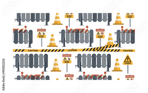 event barrier pattern seamless pattern, temporary fencing panels, caution tape, cones, warning signs, fasteners and support poles arranged in a repeating