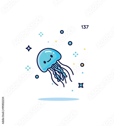 Tiny glowing jellyfish cute jellyfish drifting softly in deep blue water with luminescent tentacles and subtle decorative sparkles. Minimalist flat vector