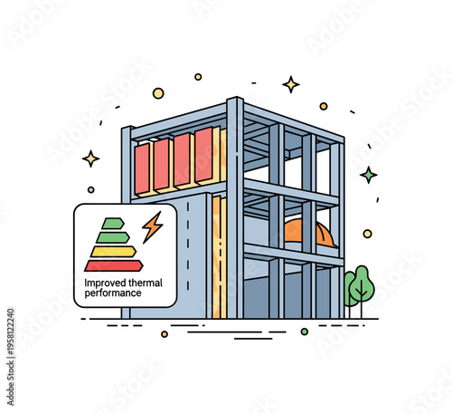 Energy efficient construction building framework with insulation panels and a small energy efficiency symbol indicating reduced power consumption and improved