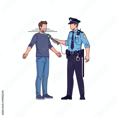 Police officer uses handheld device to scan person's neck