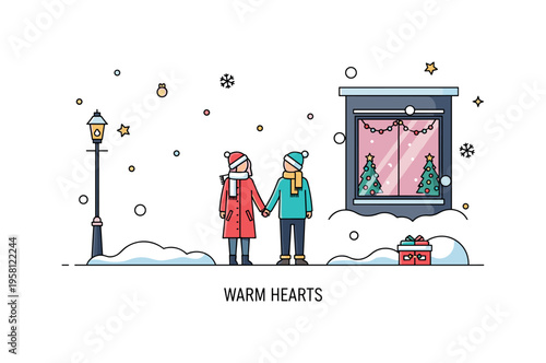 Holiday season evening walk showing a couple holding hands on a snow covered street. A single decorated shop window and falling snowflakes create a festive yet