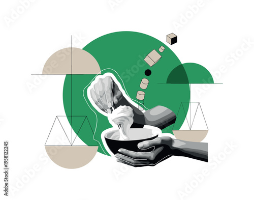 black and white hands mixing cream in a cosmetic bowl representing handmade organic skincare production, white outline cut-out effect around hands and bowl,