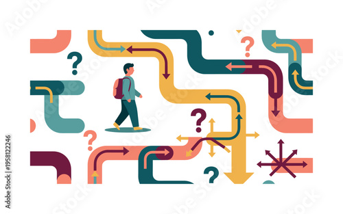 person lost in labyrinth of decisions simple figure walking through maze paths with arrows question marks and crossroads illustrated as decision making motifs,