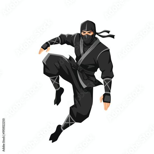 Dynamic ninja in black attire with masked face and raised leg