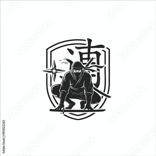 Silhouette of a ninja in a crouched stance with sword, shuriken, and Japanese character