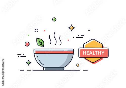 Healthy soup dish concept centered on a steaming bowl with a small leaf garnish icon and a badge labeled ?Healthy?. The illustration suggests nourishing