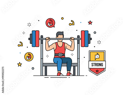 Paralympic powerlifting athlete pressing a barbell while seated on a bench with small strength symbols and a badge reading Strong. The scene represents