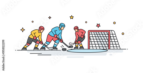 Hockey team action scene with two players passing a puck across a small rink while a goal net icon stands nearby suggesting coordinated attack. The composition
