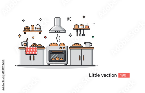 Little cute bakery kitchen charming tiny kitchen with baked goods on counters, a small oven, and subtle decorative accents enhancing the playful scene.