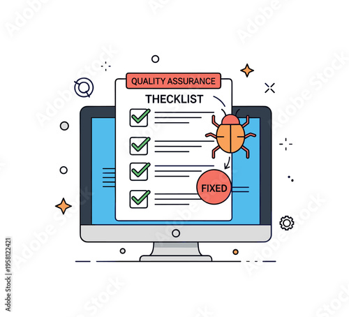 Quality assurance testing checklist computer screen displaying a checklist with checkmarks while a small bug icon indicates issues being identified and fixed.