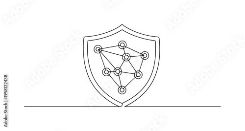 Cyber Safety Symbol. Minimalistic one-line drawing abstract network nodes enclosed within protective shield outline, continuous single black line on white