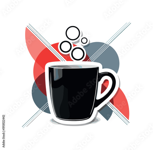 black and white ceramic mug viewed from side with visible handle, cut-out collage effect with white outline, steam forming abstract circular rings above the