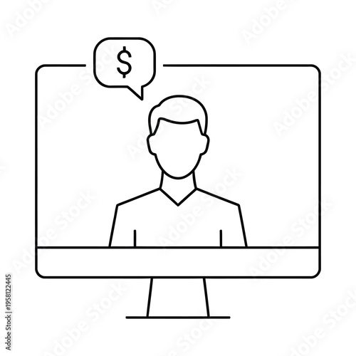 Computer screen displaying a man thinking about money