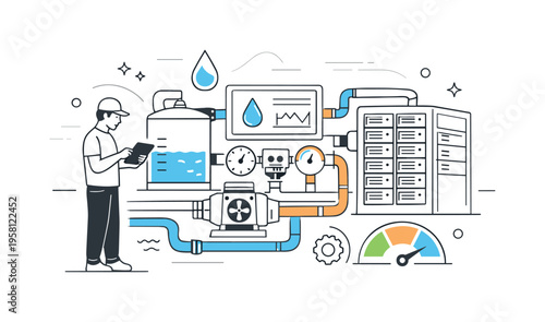 Data center water cooling. An engineer monitoring cooling systems with water pipes and servers, controlled resource use and technical balance, calm industrial
