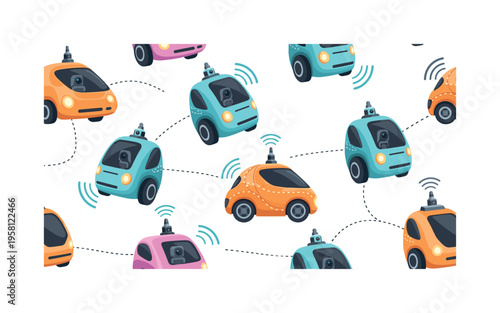 robotic vehicles compact driverless cars with sensor waves cameras and route lines arranged as playful tech motifs, flat vector smooth rounded