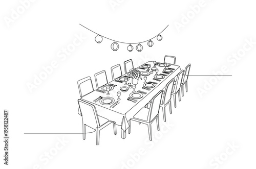 Outdoor Celebration Table. Minimalistic one-line drawing festive garden dining table prepared with dishes and simple centerpiece, continuous single black line