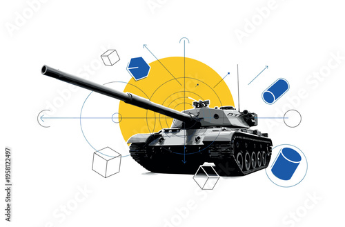 black and white tank with long cannon barrel dominating the composition, bold yellow circle behind the cannon symbolizing explosive energy and focus, thin