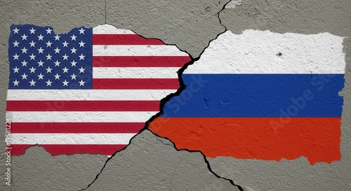 Cracked Unity: A stark visual metaphor of a fractured relationship, where the US and Russian flags are depicted on a crumbling wall, symbolizing deep division and conflict.