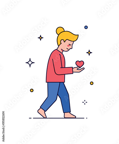 Emotional vulnerability illustrated by a person with subtle cracks along their body, tiny floating shards and stars conveying introspection, fragile strength,