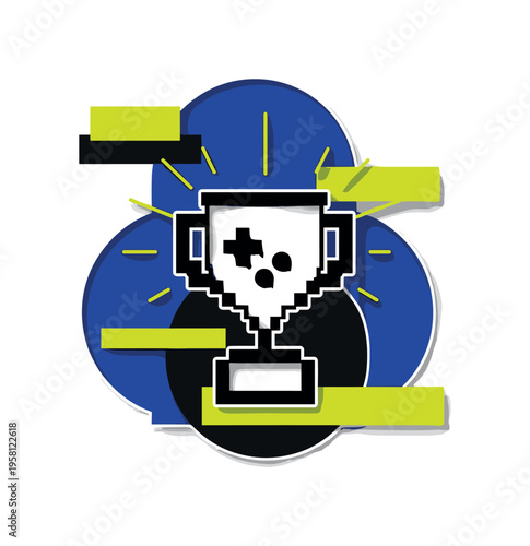 A monochrome arcade tournament trophy shaped like a pixelated icon, bold geometric semicircles framing it, flat color blocks adding contrast and depth, thin