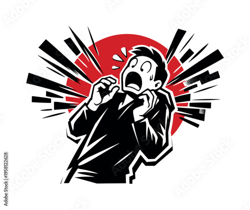 Black and white comic-style character frozen in a fear reaction pose, body leaning backward with raised shoulders and tense hands, face simplified but emotion