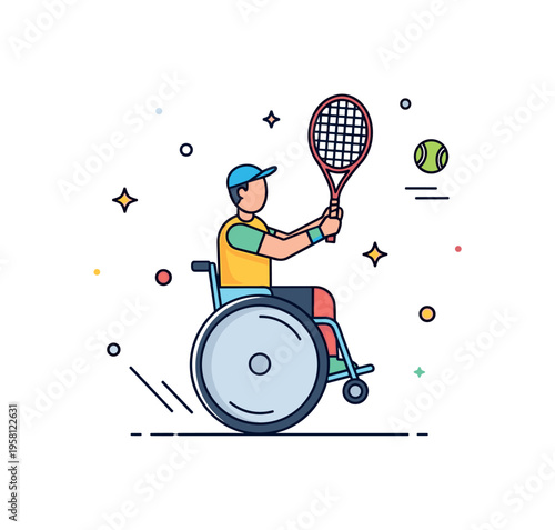 Wheelchair tennis match moment where a player swings a racket toward a floating tennis ball while the sports wheelchair tilts slightly in motion. The scene