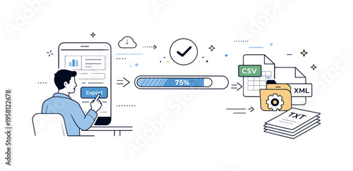 Export and migration systems. Person exporting data from an app into structured files, progress indicators showing smooth transfer. Calm and reliable system