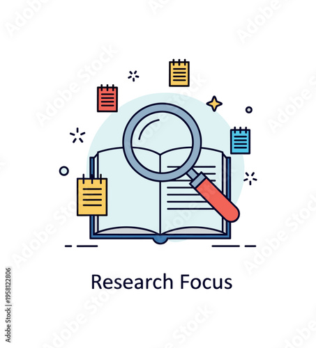Academic research concept centered on a magnifying glass resting over an open book with small note icons around it, symbolizing analysis and deep learning. A