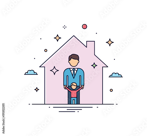 Supportive family behind successful leader represented by a subtle silhouette of a business figure standing in front of a soft house outline with small star