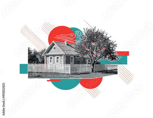 monochrome countryside dacha with wooden fence and apple tree, white cut-out outline, layered circular shapes and diagonal lines suggesting wind and rural
