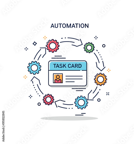 Automation workflow system depicted as small gear icons connected by smooth arrows around a central task card, expressing process optimization and reduced