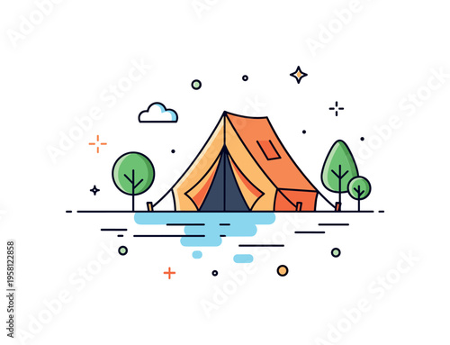 Lakeside glamping retreat illustrated by a tent placed beside a simple waterline with subtle reflection detail and small tree accents, conveying tranquility