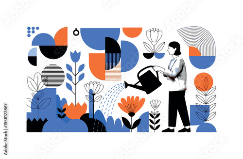 spring garden happiness with geometric circles semicircles and symbolic shapes, black and white person watering blooming garden plants with layered collage