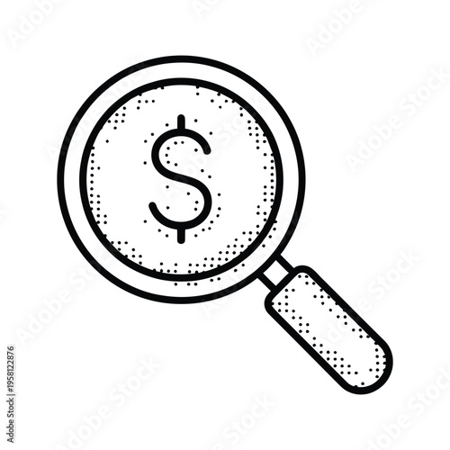 Magnifying glass closely examining a dollar sign symbol