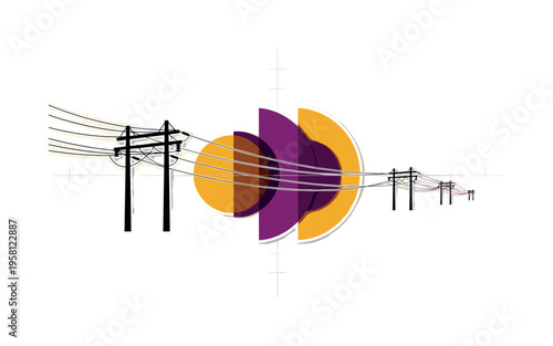 Black and white electric power lines stretching across the scene, intersected by bold semicircles representing energy transmission waves, minimal linear grid