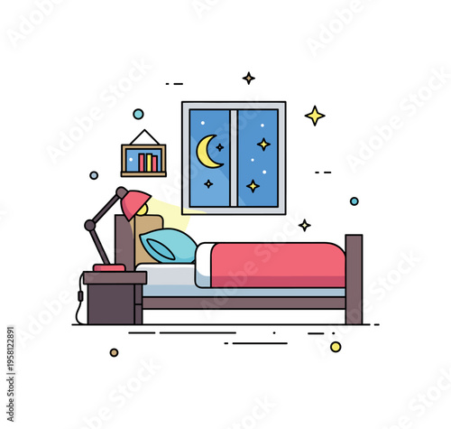 Peaceful bedtime bedroom scene centered on a cozy bed with a glowing bedside lamp and a window showing a crescent moon and stars. The illustration conveys