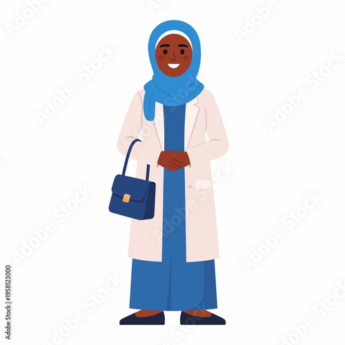 Smiling woman in blue hijab and white lab coat holding a blue purse, centered illustration view, depicting a professional scientific setting in a clean white studio environment